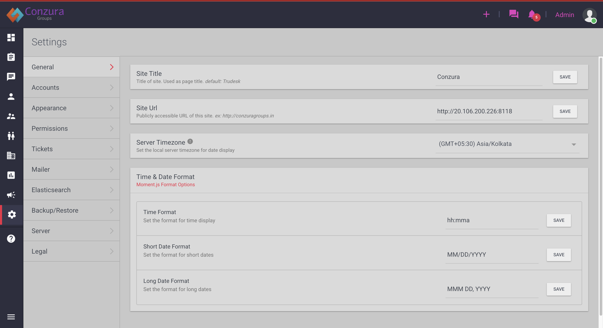 General settings page showing site configuration options