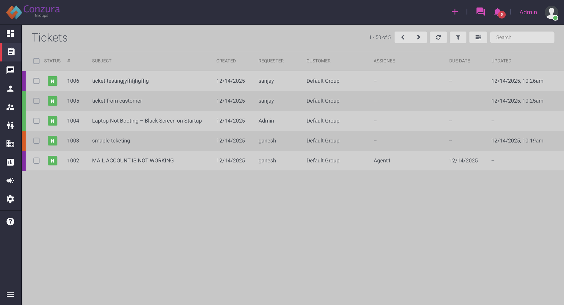 Ticket management interface showing active support tickets